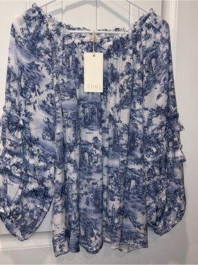 Blue Toile Off-Shoulder Women’s Top size large NWT